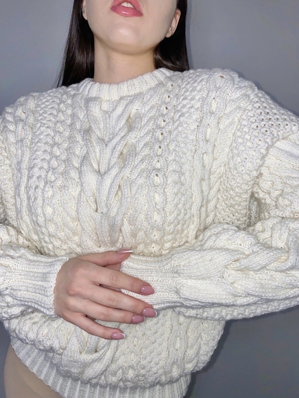 Vintage Wool Thick Cream Chunky Classic Cable Knit Fisherman Women's Sweater, S - Picture 3 of 4